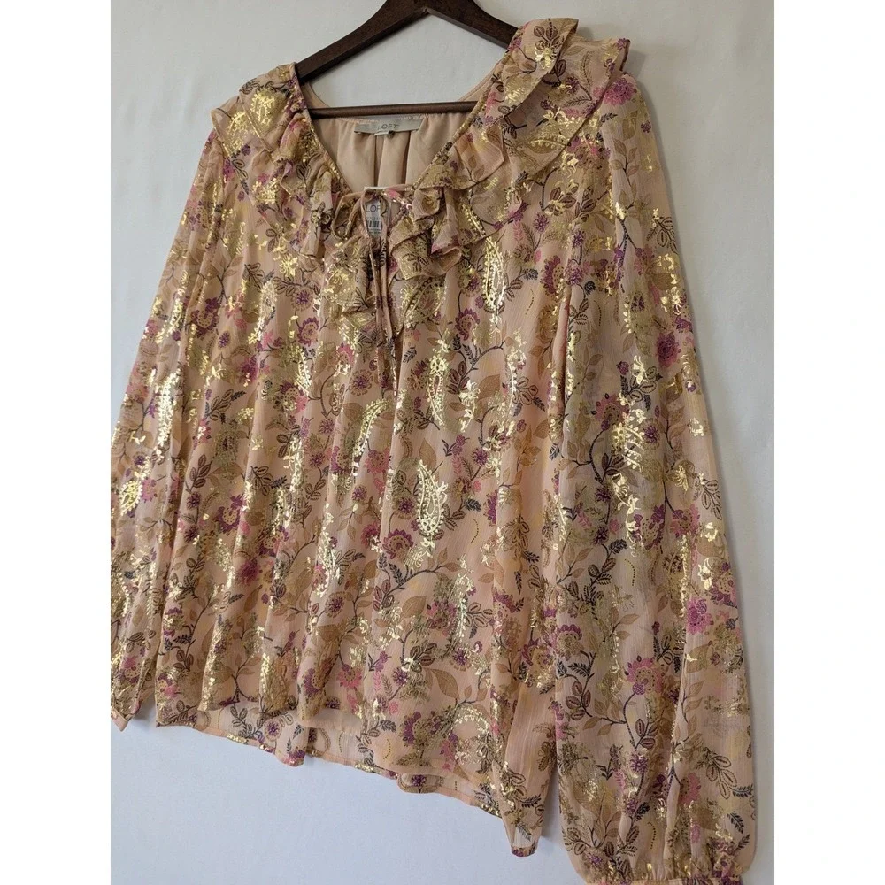 LOFT Womens Floral Ruffle Neck Long Sleeve Blouse Gold Pink Metallic Size XLNew - Picture 2 of 8